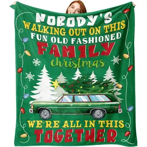 Green Christmas Vacation Flannel Throw Blanket, Funny Xmas Classic Movie Quotes Birthday Gifts for Kids Men Women, Winter Holiday Truck Pine Tree Soft Blankets for Bedding Sofa 50 x 60 Inches, Printed on One Side with a Plain White Back, Halloween Thanksg