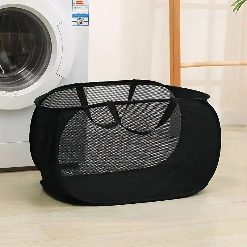 Mesh Laundry Basket with Handle, Collapsible Laundry Hamper, 1 Count Foldable Large-Capacity Clothes Storage Basket, Multifunctional Storage Organizer for Home Laundry Room, Folding Laundry Basket