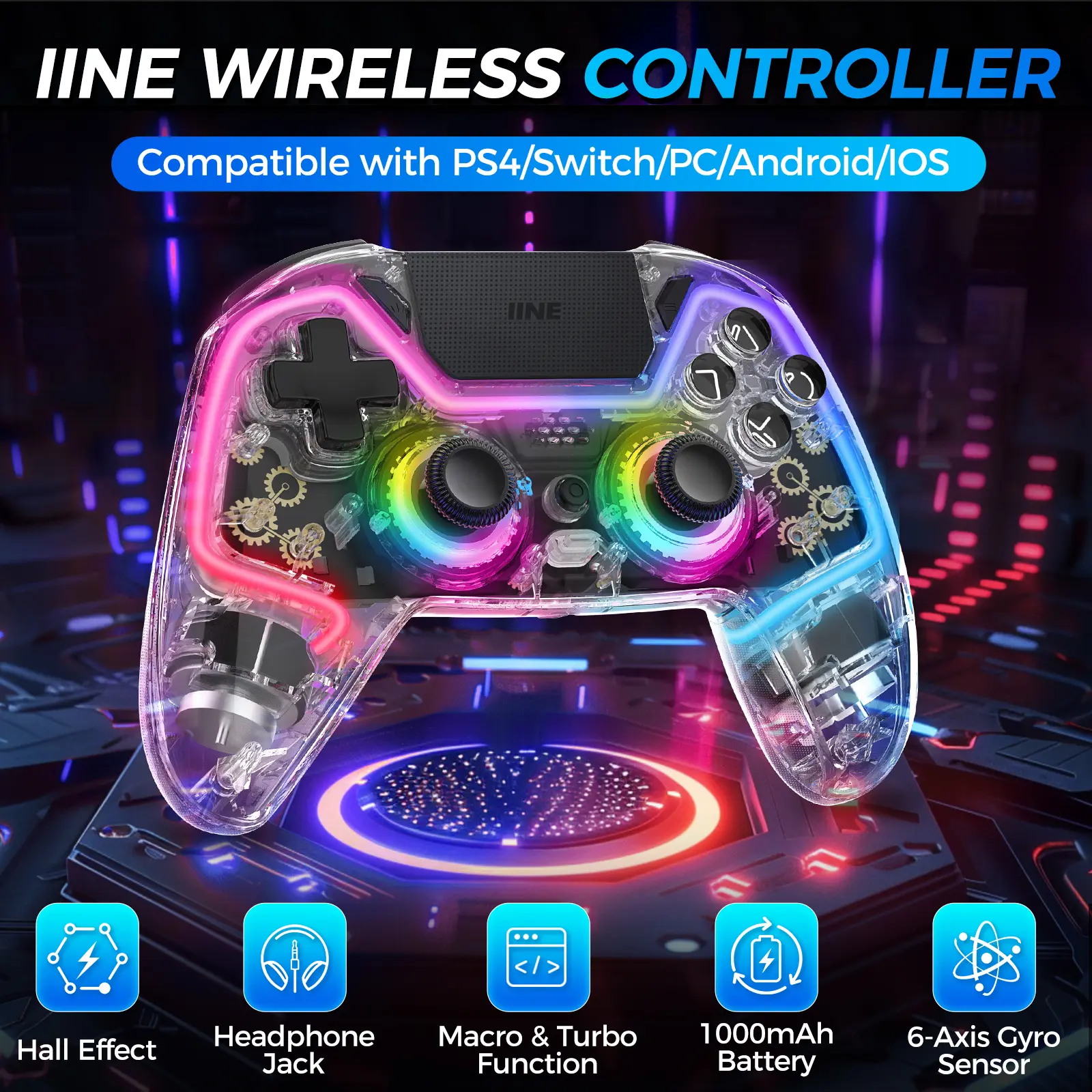 IINE Bastet Wireless Transparent Controller for PS4/Switch/PC/Android/iOs with Touchpad Hall Effect Trgger Hall Joystick Headphone Jack Macro & Turbo 6-Axis Gyro Sensor