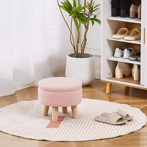 Round Storage Ottoman with Soft Cushioned Seat, Wooden-Legged Footstool and Hidden Storage Compartment, Multi-Functional Small Bench for Bedroom, Living Room, Dorm, Apartment or Entryway anti-slip foot#Summer Wins#Fathersdaygift