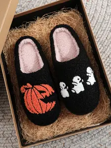 Halloween Pumpkin Ghost Embroidered Plush Slippers, Comfortable Indoor Home Shoes for Men & Women, Fall Season Gift Idea, House Shoes