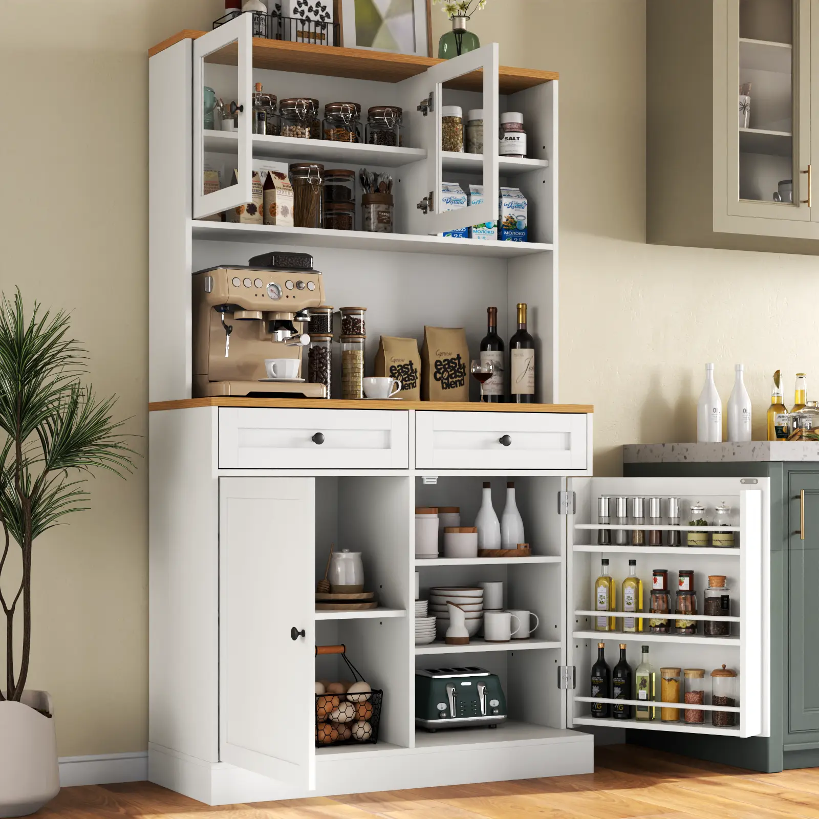 Gyfimoie Kitchen Pantry Storage Cabinet with 2 Drawers, Tall Kitchen Hutch with Microwave Stand, Modern Buffet Cabinet with Adjustable Shelves, Food Pantry with Glass Doors