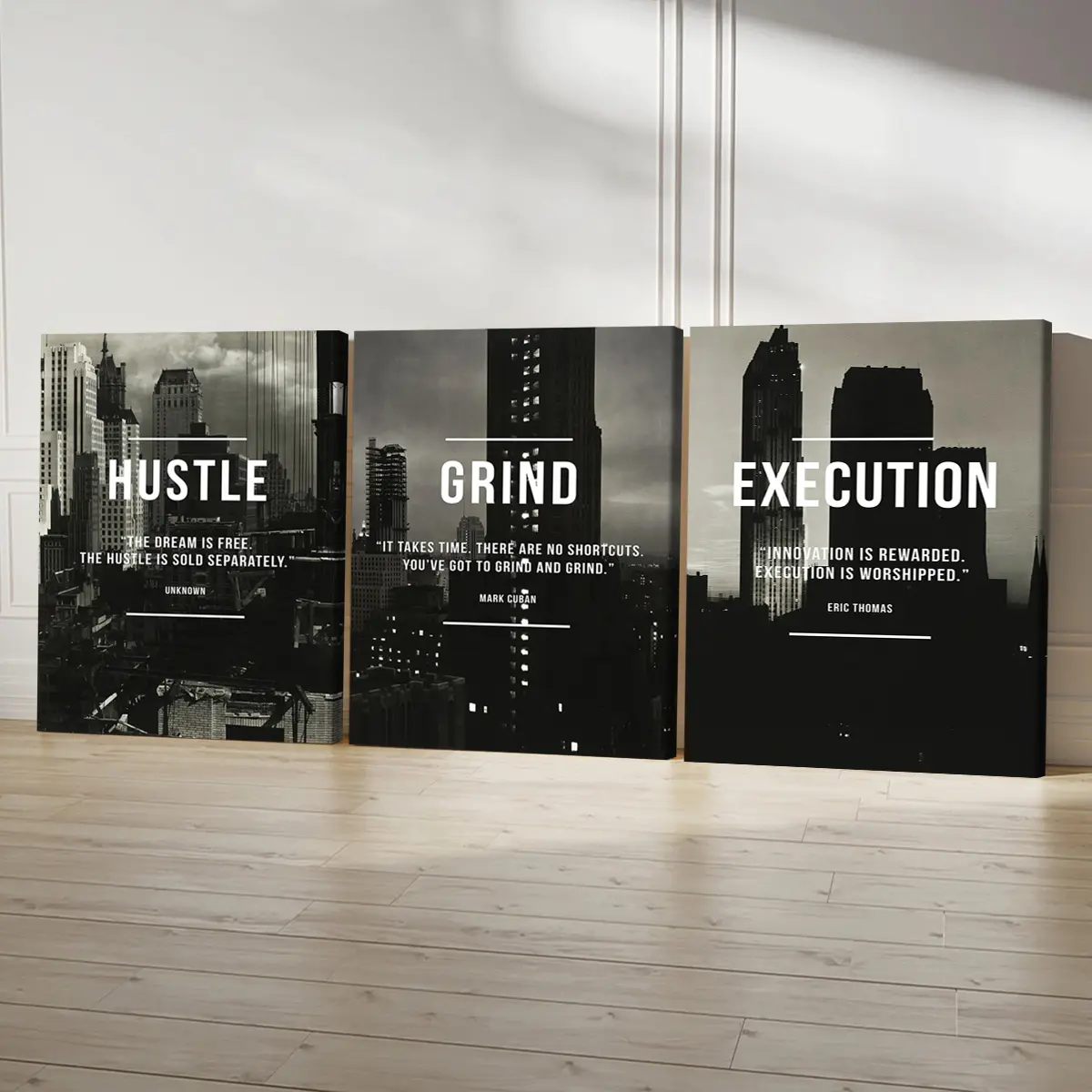 3Pcs Wooden-Framed Canvas Painting Prints - Artistic Black and White Cityscape Architecture Wall Art with Inspirational Affirmational Quote, Odorless House Decor for Living Room Decorations, Bedroom Decor