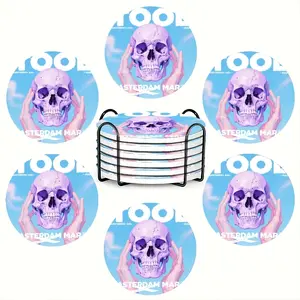 6PC round ceramic coasters, Amsterdam skull tool theme, high temperature resistant and non-slip, exquisite home and restaurant decoration, suitable for sideboards, home decor and parties, perfect restaurant gift ideas, housewarming gift