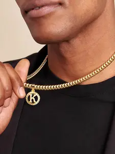 Initial Necklace, Cuban Link Necklace, Cuban Link Design, Round Letter Pendant Hollow Out Cuban Chain, A-Z Elegant Jewelry, Trendy Jewelry, Unisex, Versatile Style, High-Quality Fashion Accessory, Personalized Initial Necklace