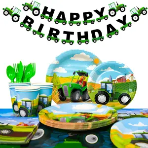 Tractor Birthday Party Supplies, 130 pcs Tractor Birthday Decorations Tableware Pack-Tractor Plates and Napkins Cups Tablecloth, Tractor Birthday Party Banner etc, Tractor Themed Birthday Party Supplies