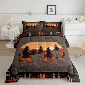 Elephant Comforter Set,Country Western Farmhouse Bedding Set,Teens,Kids,Boys & Girls Nature Wild Animals Bedding,Orange Grey Plaid Quilt