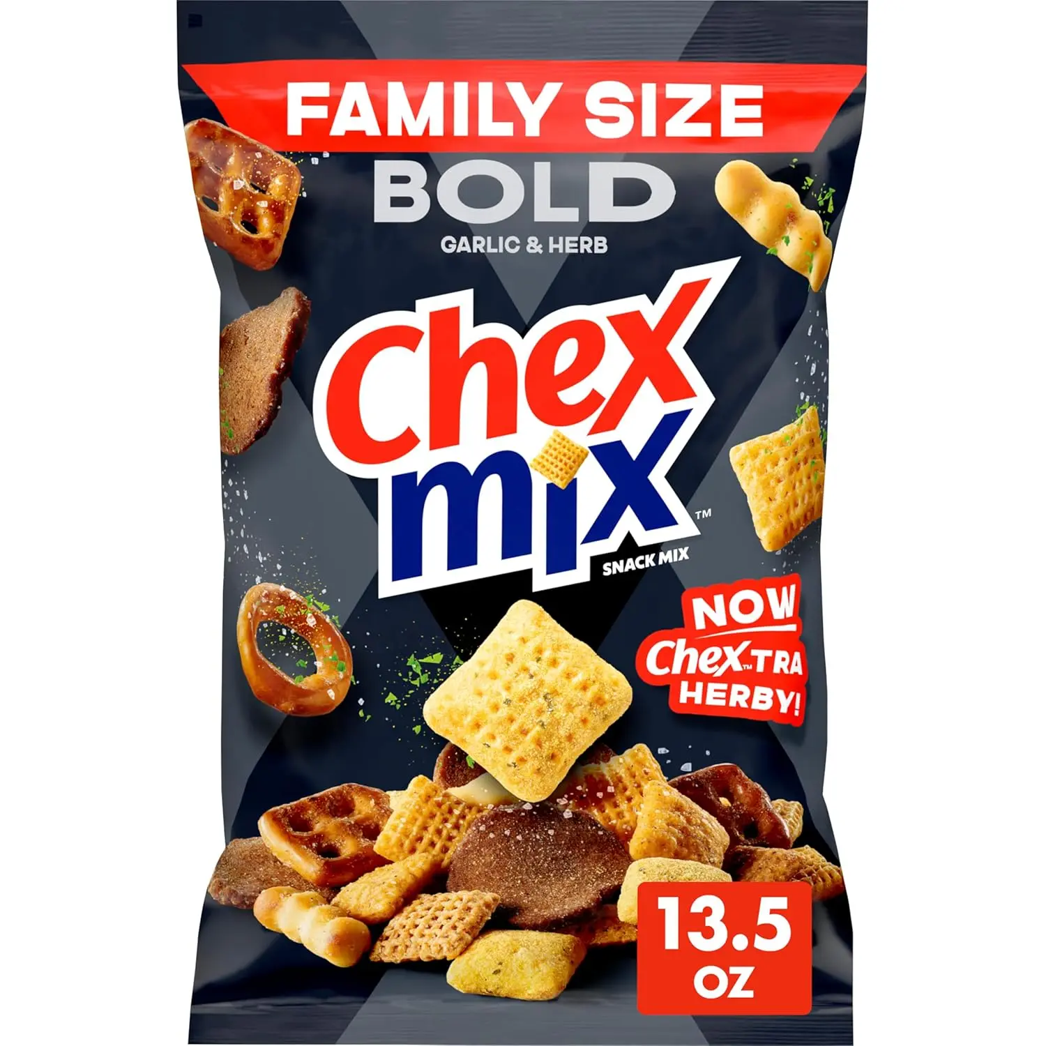 Bold Garlic & Herb Snack Mix – Savory Crunchy Party Snack, Family Size 13.5oz, Pretzels Breadsticks Crackers Mix