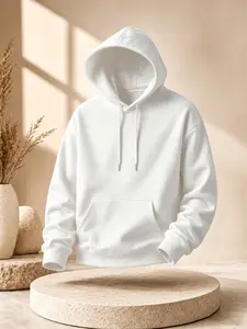 Men's Thickened Casual Plain Hoodie, White Top, Regular Fit Streetwear, Drawstring Pockets, Long Sleeve Sweatshirt, Fall & Winter Fashion