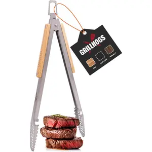 16" Extra Long Tongs 18/0 Stainless Steel BBQ Grill Tongs with Ergonomic Real Oak Wood Handle for Cooking - Durable Grilling Accessory, Tongs for Cooking & Kitchen, Outdoor Barbecue, Easy to Clean