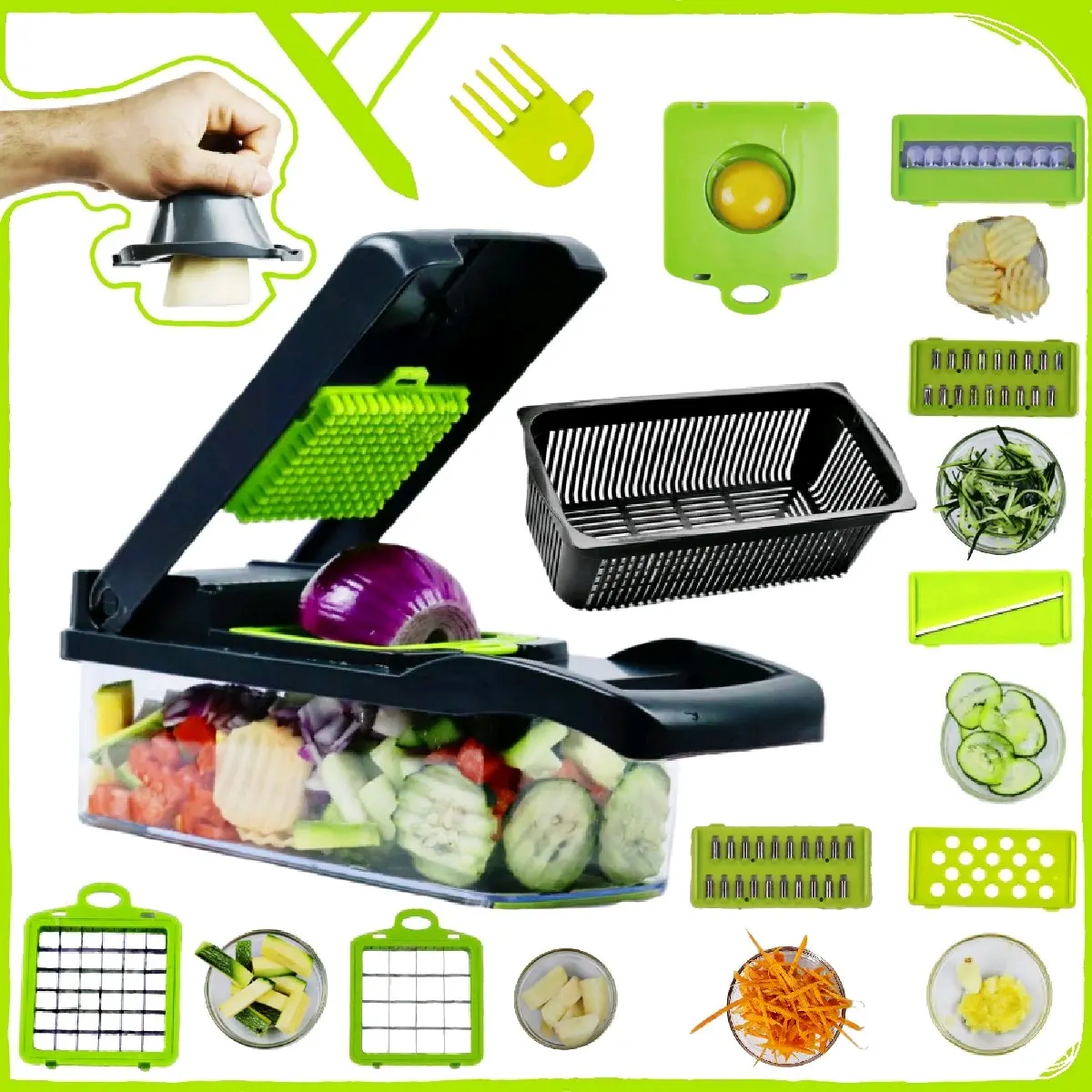 12-in-1 a vegetable and fruit cutter, dual-bladed vegetable chopper features 7 interchangeable blades for cutting different vegetables and fruit, egg white separator, fruit and vegetable peeler, kitchen accessories with brush for cleaning. Chopping kid sa