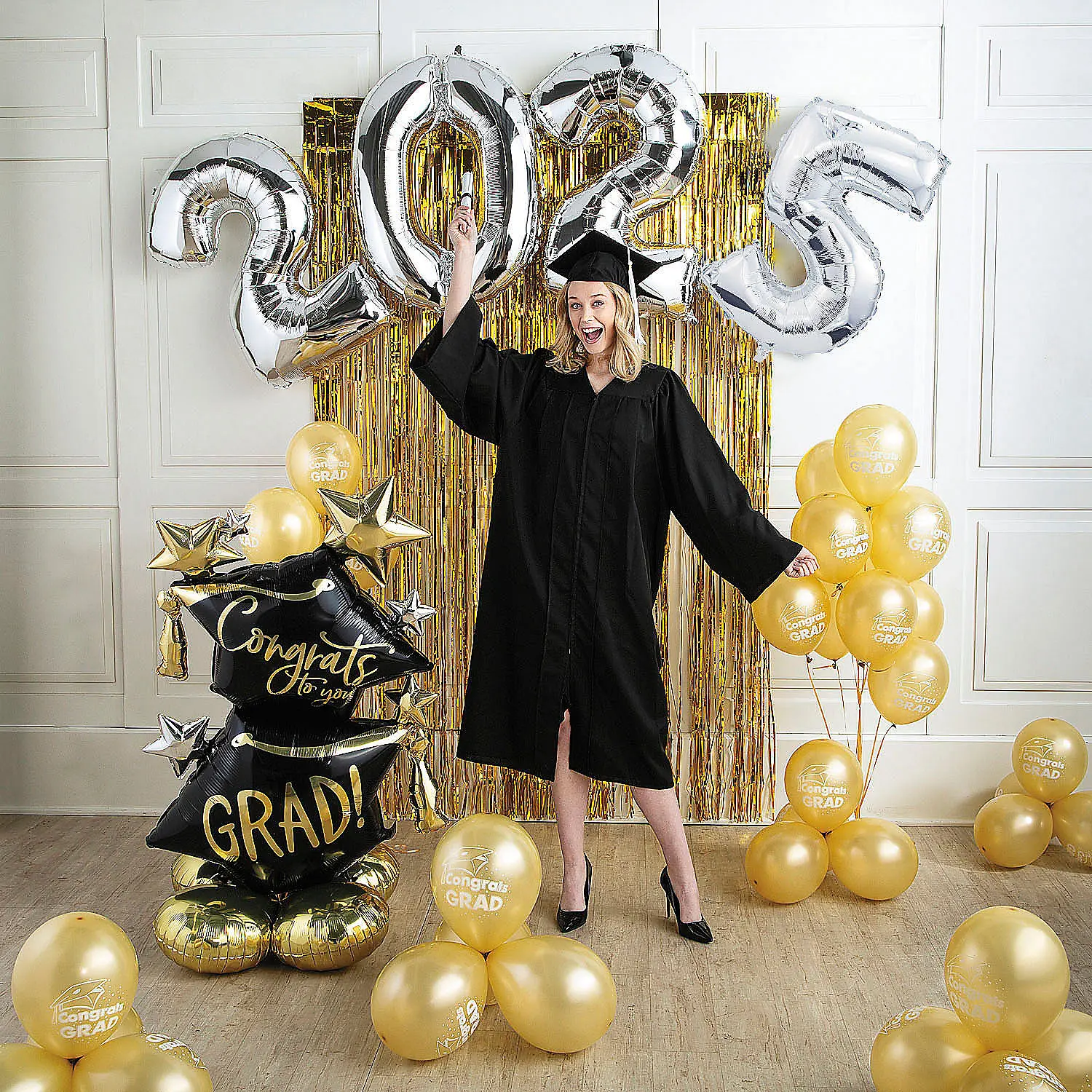 2025 Gold & Silver Congrats Grad Balloon Backdrop Kit - 61 Pc.