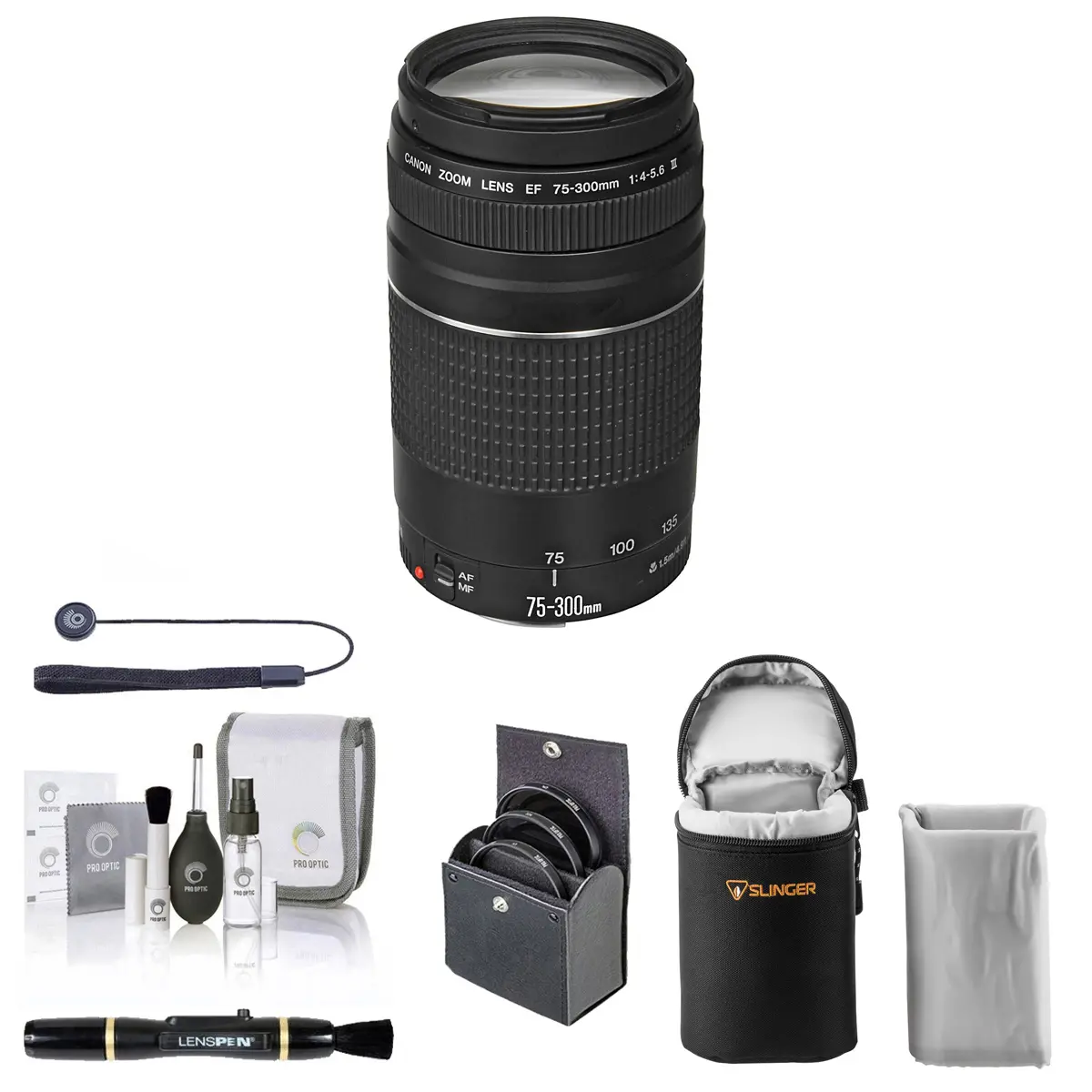 Canon EF 75-300mm f/4-5.6 III Lens, Bundle with ProOptic 58mm Filter Kit, Soft Lens Case, Lens Cleaner, Cleaning Kit, Universal Lens Cap Tether