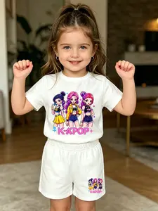 Summer Girls' K-Pop Idol Print Two-Piece Set, Matching Set, Cartoon Pattern, Slim-Fit, Breathable, Street Style, Streetwear Influence, Perfect Gift for Kids