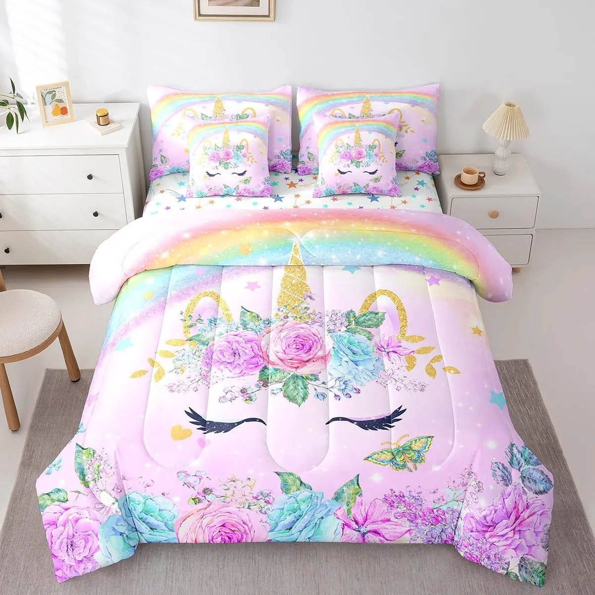 Feelyou 7-Piece Bedding Set - Purple Rainbow Comforter, Cute Bed Sheets, Cozy Chic Kid Blanket for Daughters, All-In-1 Warm Bedroom Decor with Unicorn & Animal Designs