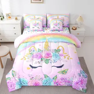 Feelyou 7-Piece 3D Unicorn Bedding Set - Purple Rainbow Comforter, Sheets, Ultra-Soft Fluffy Floral Blanket, All-In-1 Bedroom Decor Set