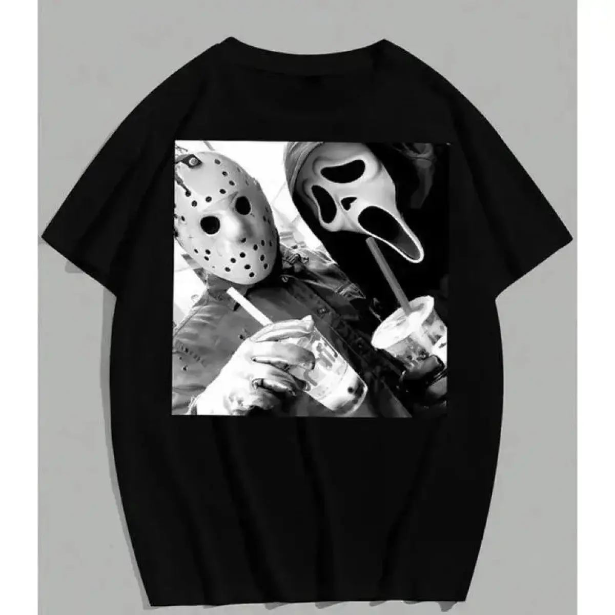 Men's 90s Movie Commemorative Jason-Ghostface Print Loose Baggy Oversized T-Shirt - Cotton Short-Sleeve Crew Neck Casual Tee, Hand/Machine Washable, Spooky Scream Movie Graphic Menswear, Halloween Gift