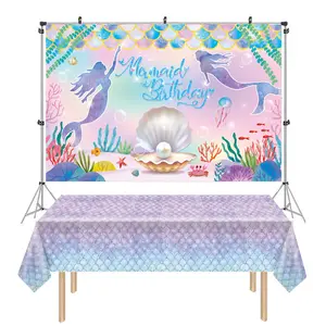 Mermaid Theme Tablecloth And Backdrop Set - Rectangle Plastic Table Cover  And Fabric Background For Birthday Parties, Home Decor | Waterproof & Can Be Hung As Backdrop - Fantasy Ocean Party Supplies