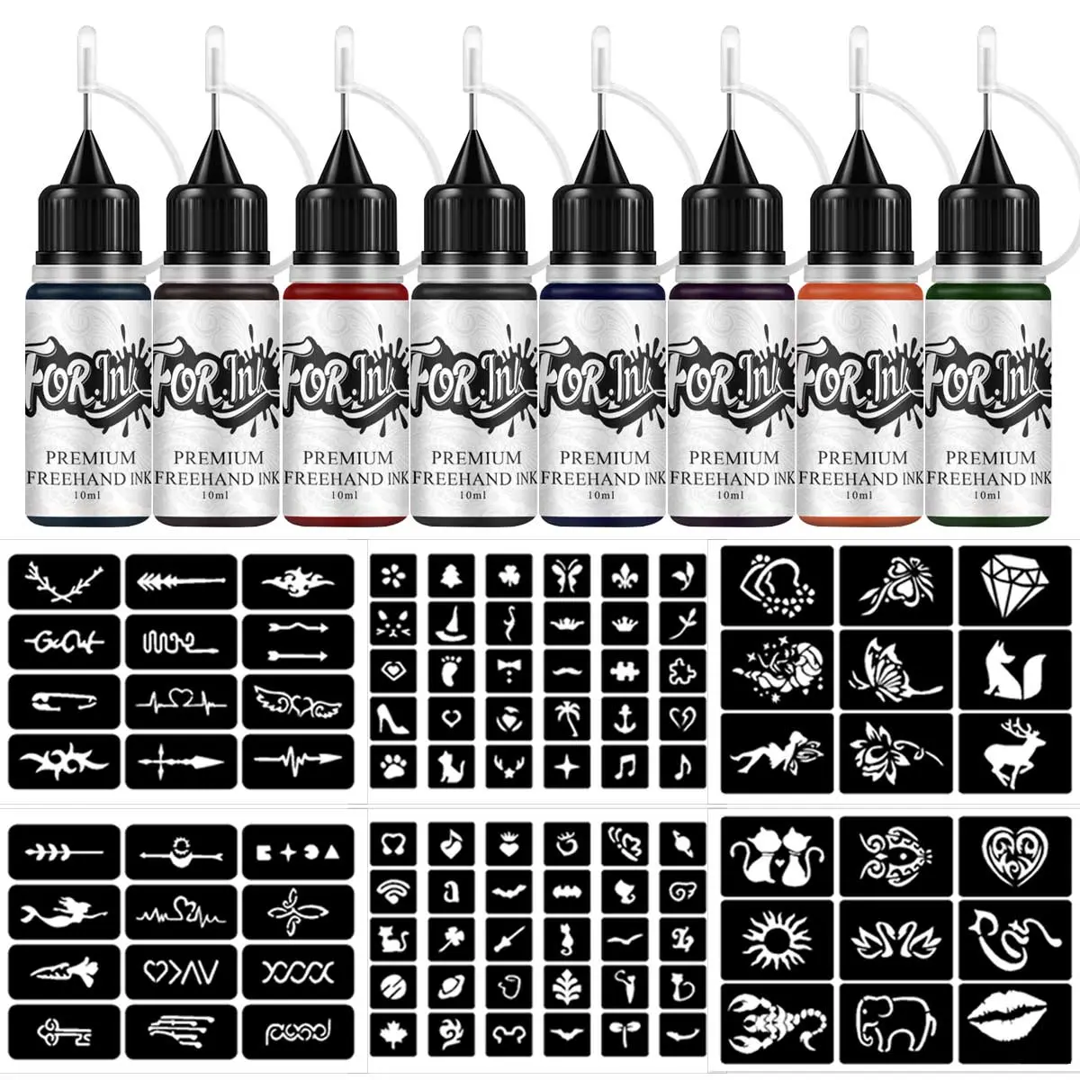 DIY Temporary Tattoo Kit, 8 Bottles Tattoo Ink & 102pcs Stencils, Tattoo Inks Set, Body Paint Fake Tattoos for Men & Women, Unique Gift