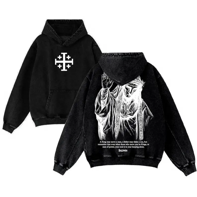 Baldwin IV Leper King Washed Graphic Hoodie, Jerusalem Cross Oversized Vintage Streetwear