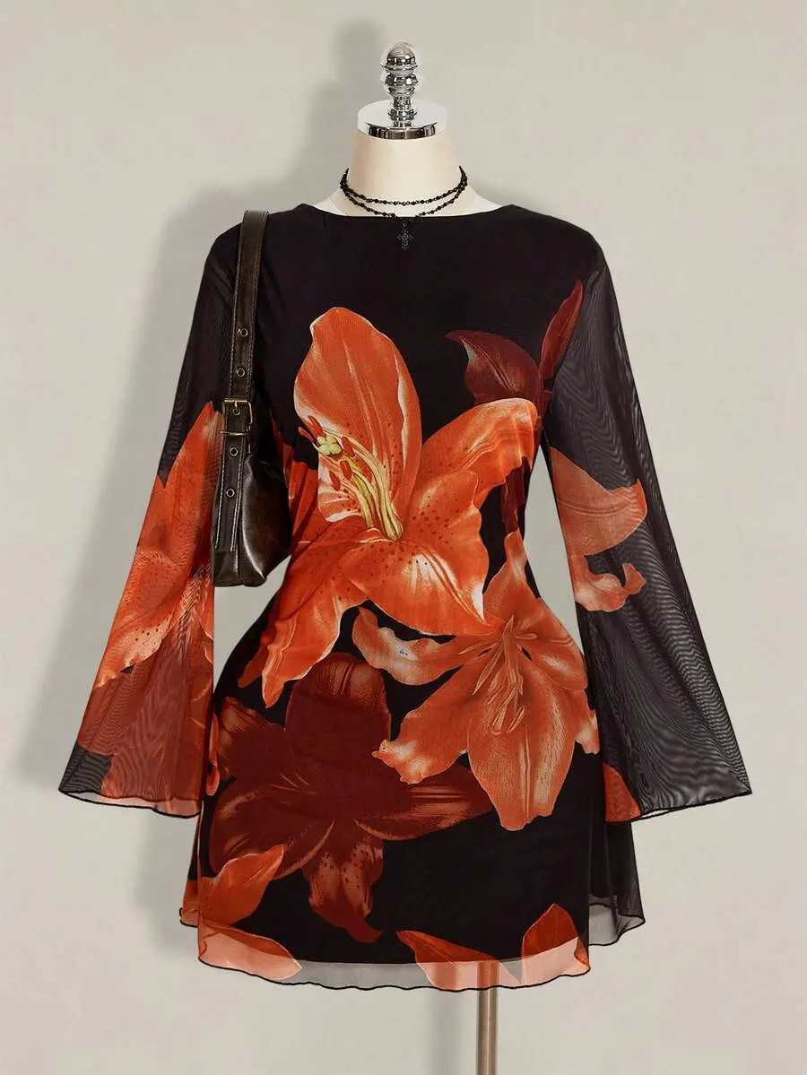 BAE Plus Size Women's Autumn Dresses Long Sleeve Y2k Elegant Vintage Large Floral Mesh Trumpet Sleeve Sexy Festival Dress For Daily Wear Cocktail Black