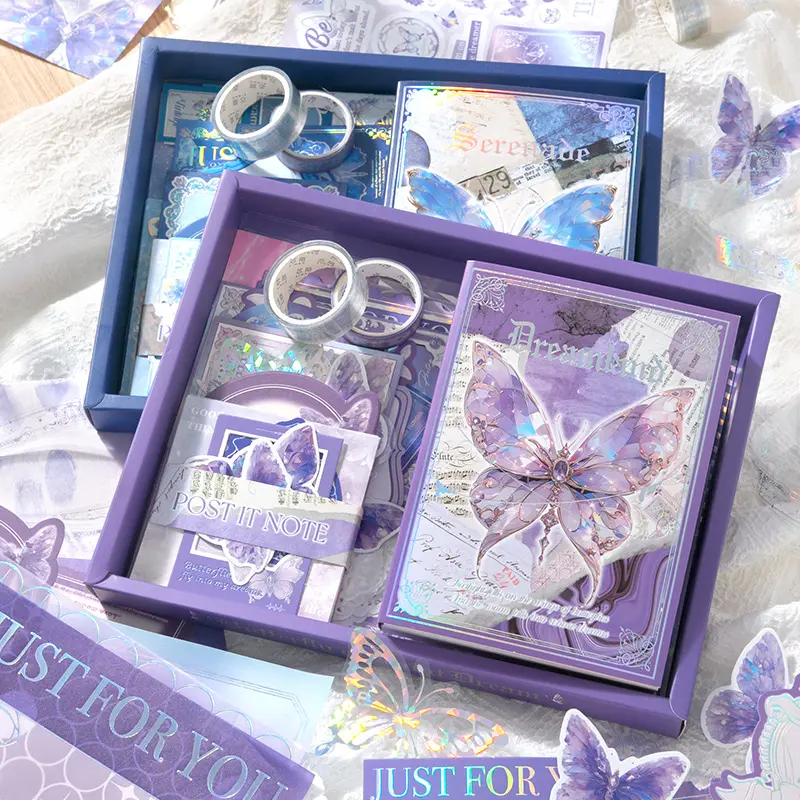 162-Piece Scrapbook Gift Box Set, Stickers Kit, Junk Journaling Supplies, Includes Stickers, Sticker Sheets, Tape, Paper Notes, Warm Series Butterfly Theme Decorative Stickers, Scrapbooking