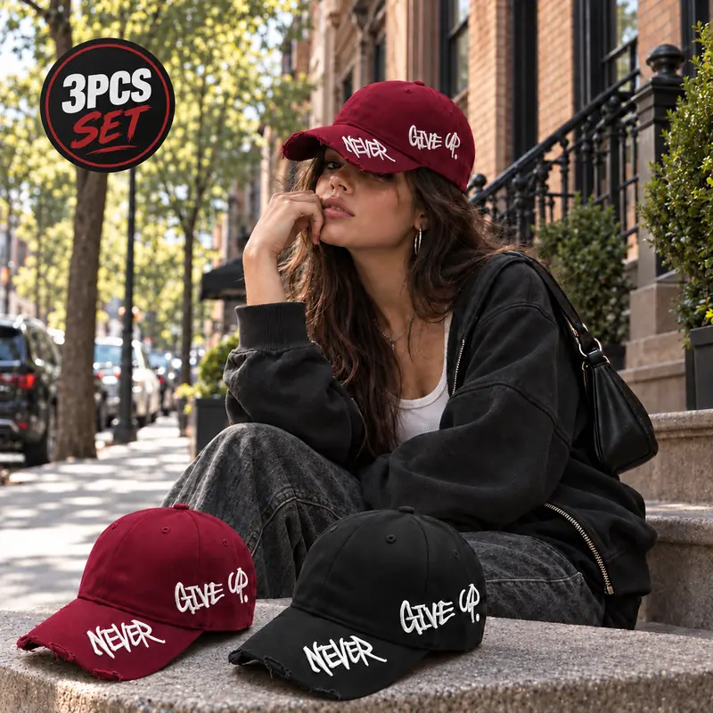 3PCS Letter Embroidered Dad Hats - "NEVER GIVE UP" Slogan Statement Quote Design, Vintage Distressed Edge, Polyester, Adjustable Size, Unisex Streetsmart Casual Baseball Cap, Letter Embroidered Hat, Never Give Up Slogan Hats