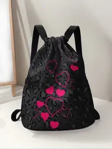 Heart Pattern Drawstring Backpack, Large Capacity Durable Gym Bag, Outdoor Sports Bag, Adjustable Shoulder Straps, Casual Travel Hiking Camping Bag, Workout Sport Bags
