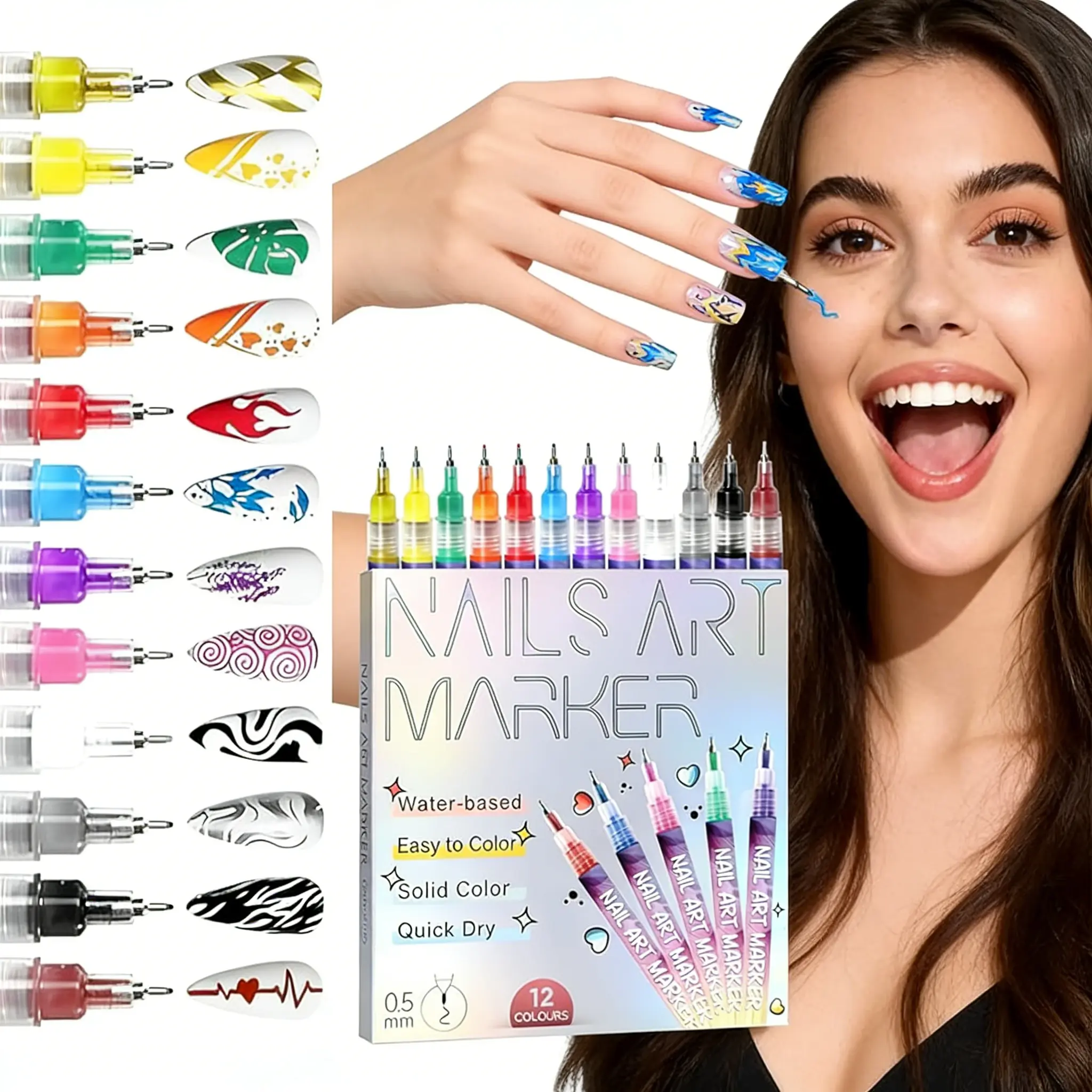 Cutics 12 Color Nail Doodle Pen for DIY Nail Art Drying Quick Acrylic Painting or 3D Dot Embroidery MMA Acrylic Nail Marker On Nails Quick Drying Dot Stitching Nail Art Pen Home Salon DIY Use Nail Care Manicure Polish Cosmetic Smooth days