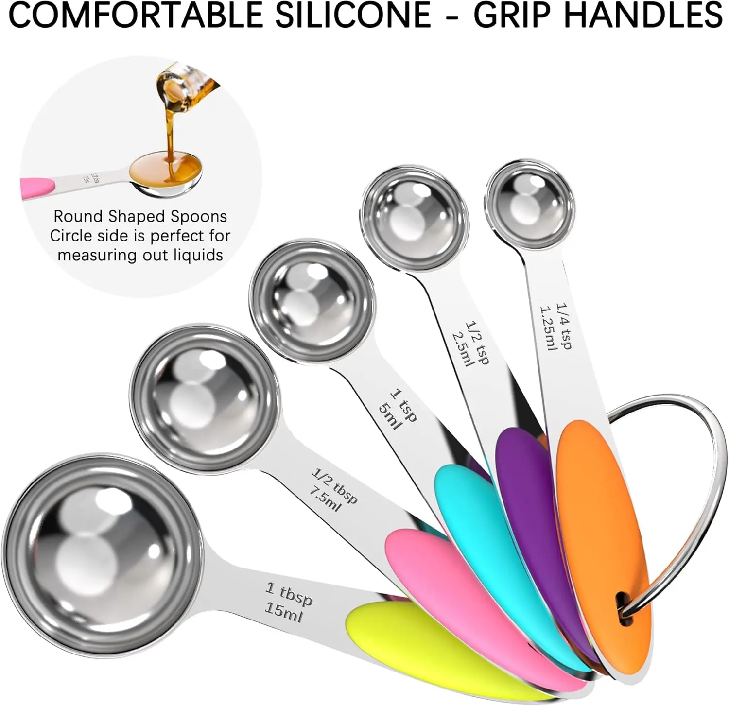 Kitchenware 5-Piece Colorful Sturdy Stainless Steel Precision Measuring Spoon Sets - Comfortable Silicone Grip Handles, Accurate US/Metric Liquid Measurement, Stackable Food Scoops for Housewives