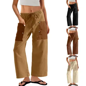 UANEO Women's Wide Leg Cotton Pants Drawstring Barrel Sweatpants Patchwork Cargo Pants Elastic Waist Drawstring Lounge Trousers with Pockets