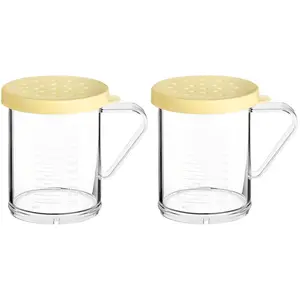 OCS Parts 2-Pack 10 Oz Shaker with 4 Millimeter Perforated Yellow Lid | 3.75" Plastic Shakers with Ounce and Millimeter Measurements for Medium-Ground Spices, Salt, Pepper, Dredges, Rubs and Powders