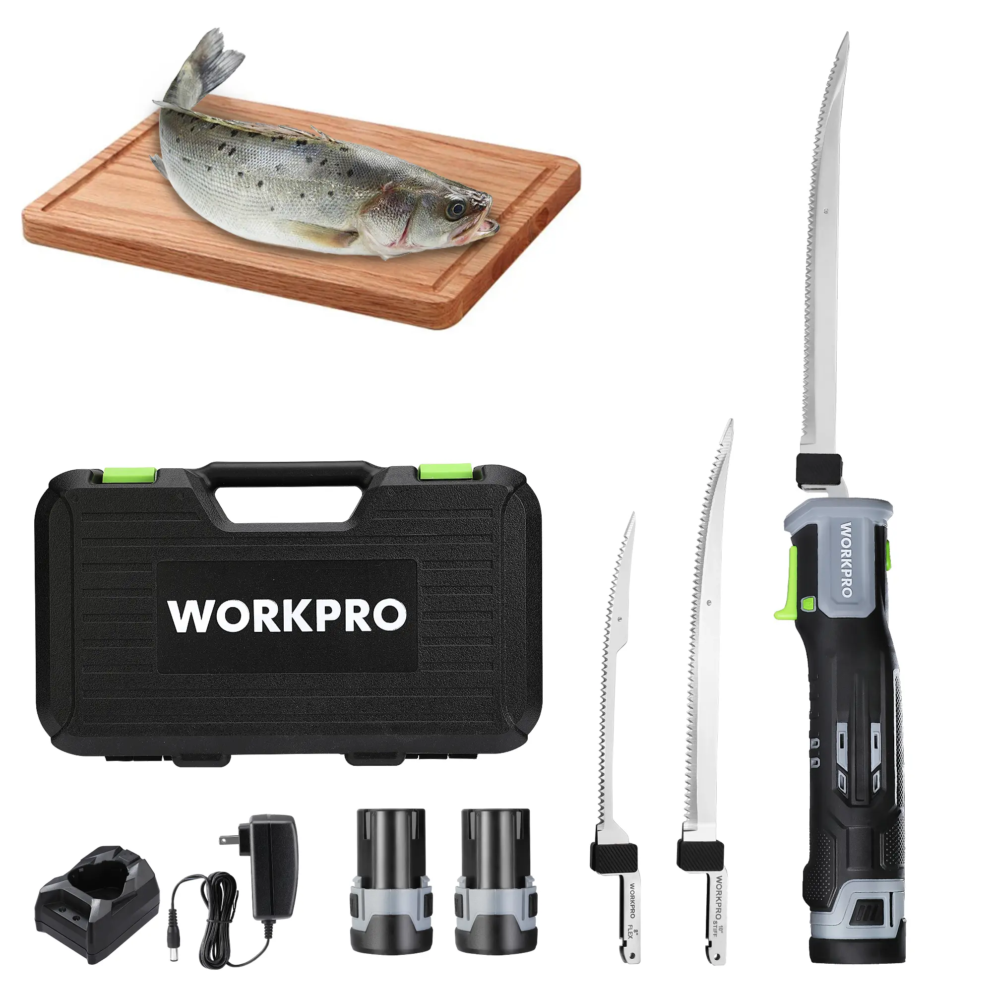 #Summersales WORKPRO 12V Cordless Electric Fillet Knife with 8'' & 10'' Razor-Sharp Blades, Cordless Fillet Knife with Non-slip Grip Handle and Safety Lock, 2 Rechargeable Battery Packs, 1 Quick Battery Charger, and 1 Storage Carry Case for Fishing