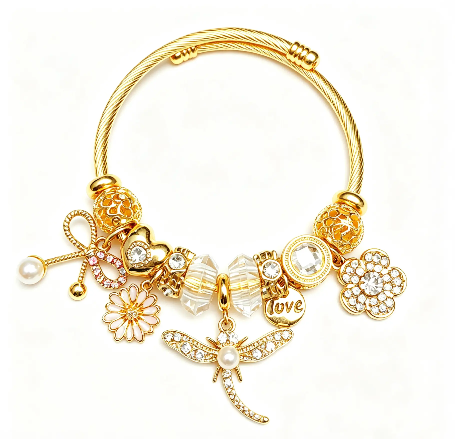 Dragonfly Pink Crystal Charm Bangle Bracelet, Gold-Tone Adjustable Open Cuff Bracelet with Pearl Flower Dangle Charms, Fashion Jewelry Gift for Women Girls