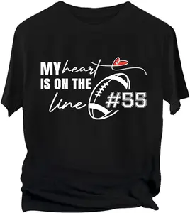 100% Cotton Football Shirts for Mom Custom Player's Number Shirt My Heart is On The Line Football Offensive Lineman Funny Shirt