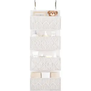Over the Door Organizer Macrame Boho  Storage Decor with 4 Large Woven Pockets Closet  Organizer for Bedroom  Bathroom Apartments Dorm Pantry Decoration, White