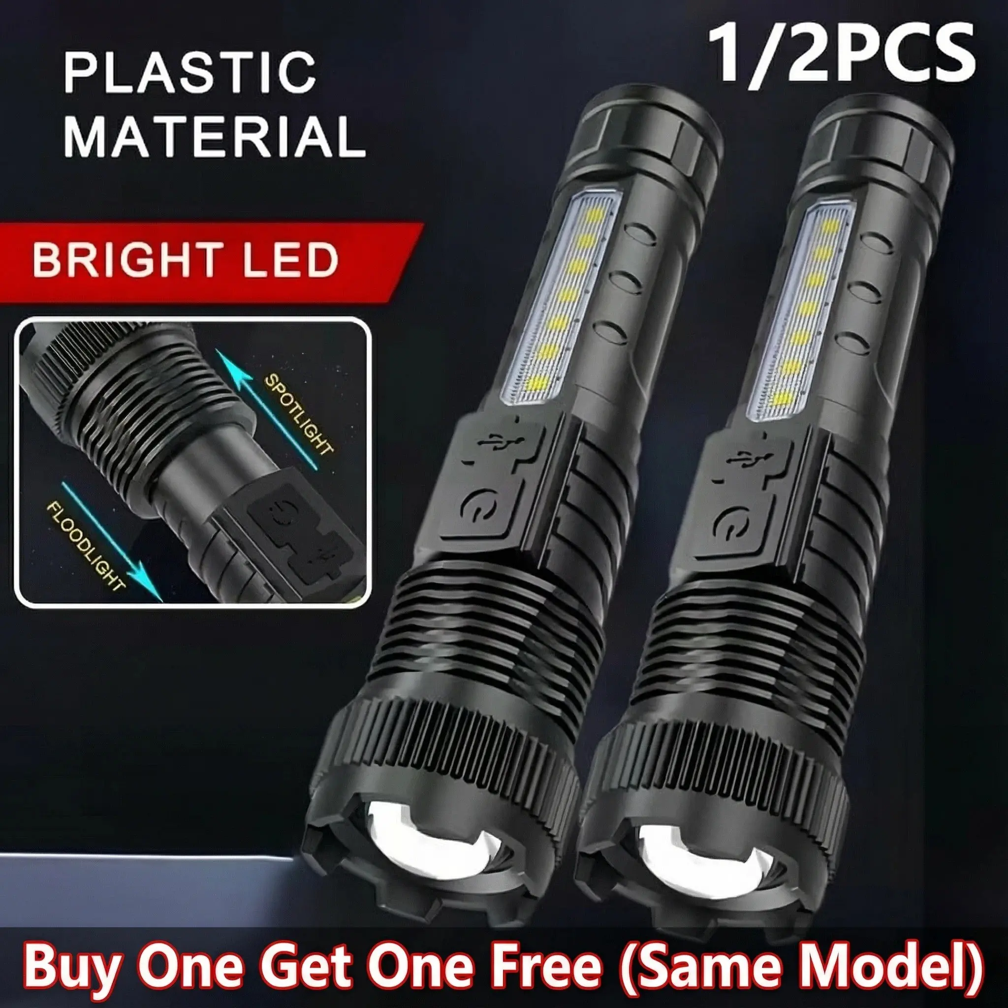 Buy One Get One LED USB Rechargeable Super Bright High Power Flashlight with Magnetic Base, Lightweight Abs Material, Mini Portable Design for Home Use & Emergency Lighting, High Lumen Flashlights