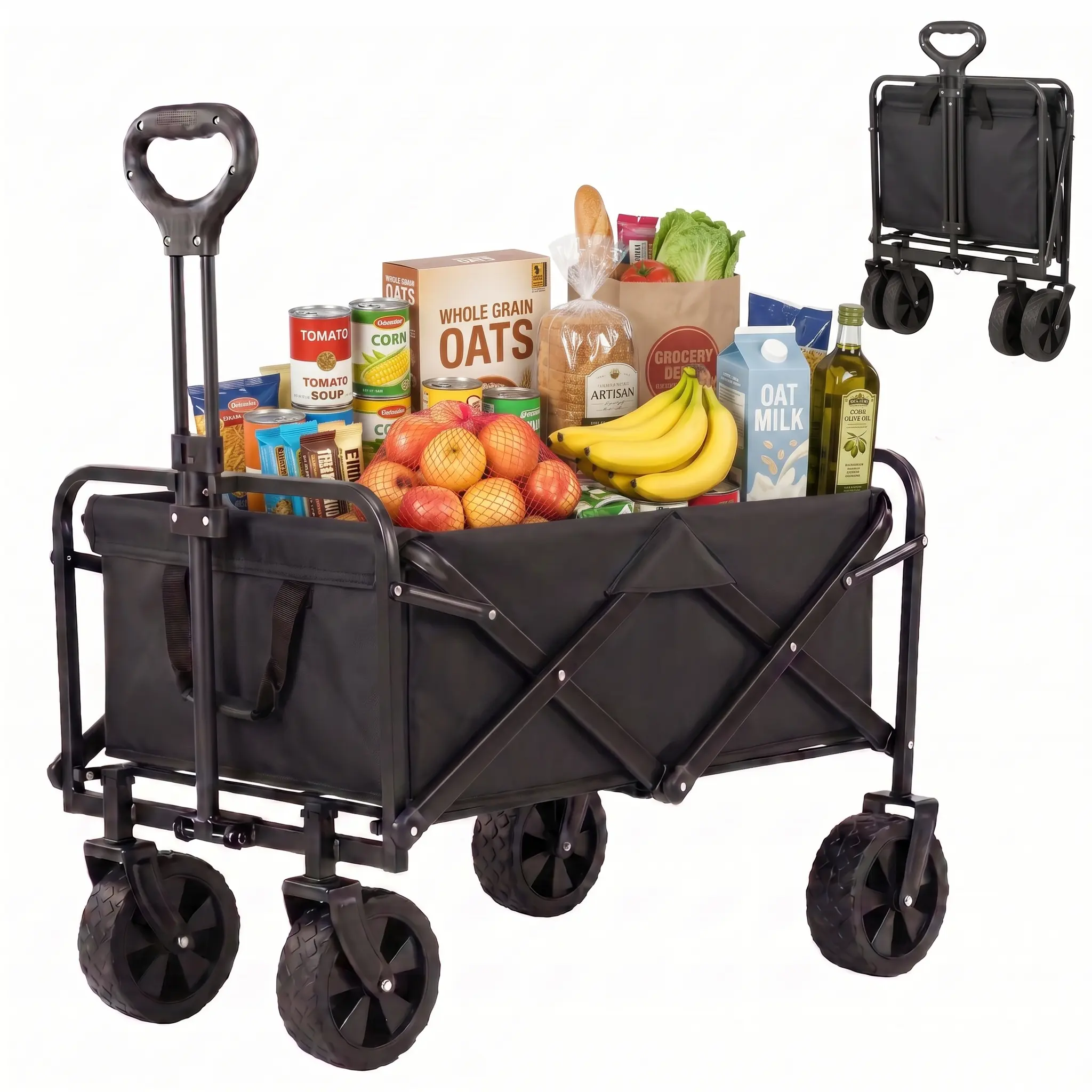 Lightweight Collapsible Folding Wagon, Heavy-Duty Steel Utility Cart with All-Terrain Tires & Braked Wheels, 450 lbs Capacity, Portable for Beach & Camping, Folding Carry, Adjustable, 2 Cup Holders, Effortless Movement, Outdoor Enthusiasts, Wheeled