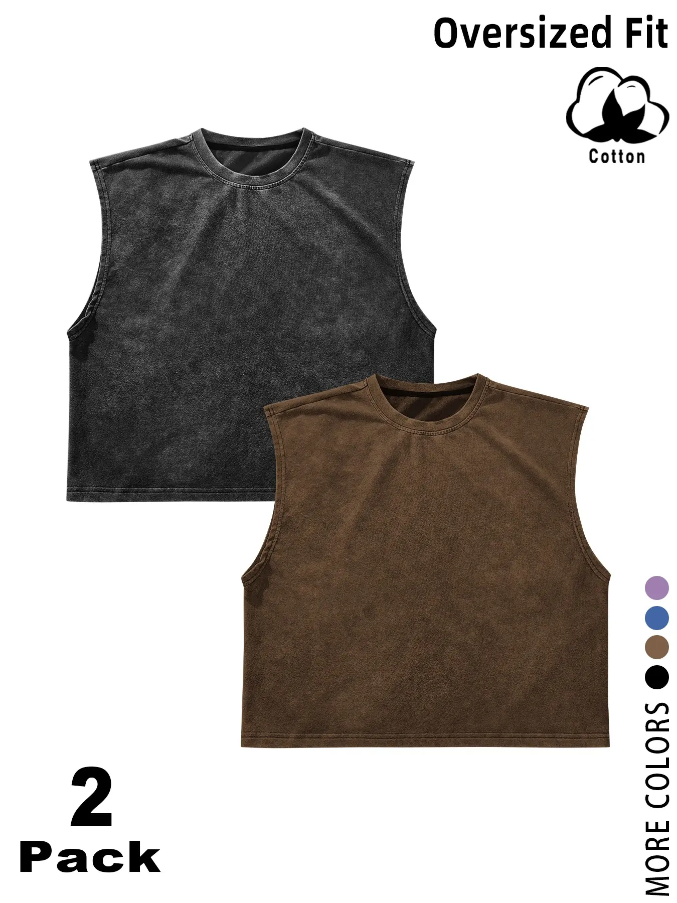2 Pack Unisex Oversized Washed Cotton Soft Crop Tank Tops, 2026 TikTok Viral Sleeveless Muscle Tees, Vintage Washed Crew Neck Loose Fit Casual Cropped Vests,Gym, Daily, Beach, Layering, Going Out, Summer Aesthetic, Plus Size Friendly