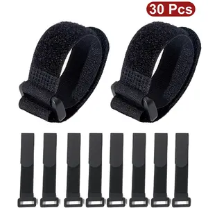 30 Pcs Fastening Nylon Strap with Buckle, 10-Pack Reusable Self-Adhesive Hook and Loop, Adjustable Cinch Straps for Cords, 2x40cm