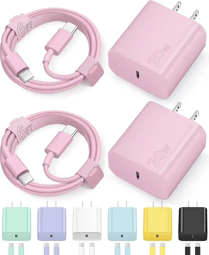 NOVOBIT 6FT Super Fast Charging 2-Pack Type-C Wall Charger Block with 2-Pack USB-C to Type-C Cable for, Wear-Resistant（Pink）
