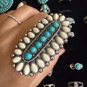 Vintage Turquoise Statement Ring Boho Western Style Large  Adjustable Silver Tone Ring- 064