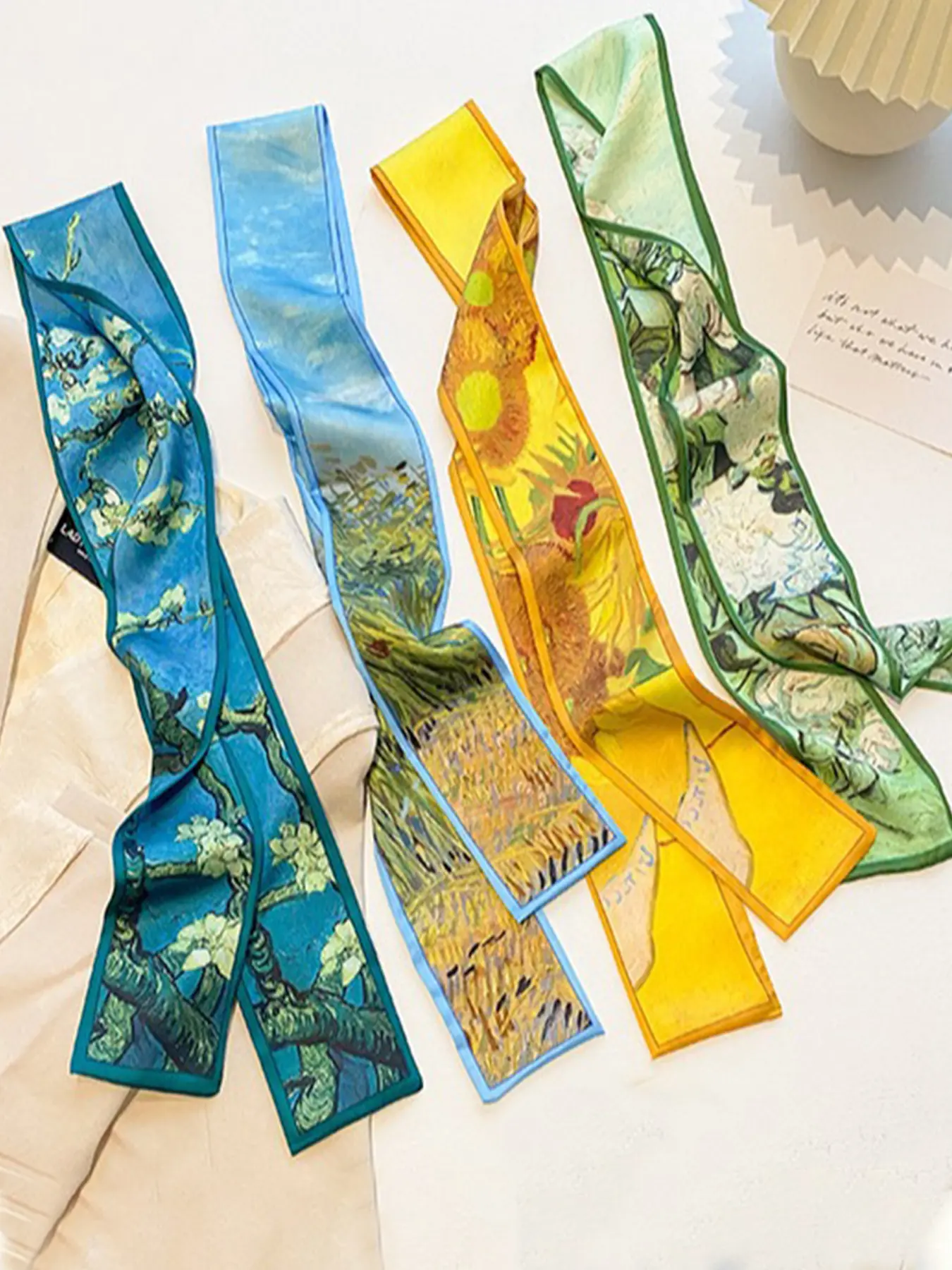 4 Pcs / 1 Set Oil Art Elegant French Style Artistic Design Printed Polyester Scarf Set, Oil Painting Striped Design, Vintage Headband, Woven Ribbon, Multifunctional Accessory for Women & Girls, Vintage Print Headscarves