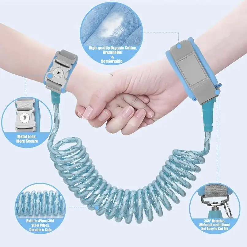 2M Lockable Spring Anti-Lost Wristband Leash, Rotating Head Lock Safety Strap with Key Chain, Portable Outdoor Safety Supplies