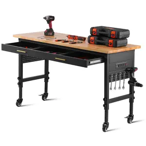 【Spotlight Day】VEVOR 60" Adjustable Workbench, 1500 lbs Load Capacity, Work Bench with Drawer Storage, Power Outlet, Wheels, and Pegboard, Heavy Duty Oak Wood Top Work Table for Garage, Workshop, Office, and Home