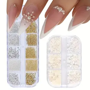 Flat Pearl Nail Art Accessories, 2 Boxes Mixed Size Small Steel Ball & Pearl, Beautiful Semi-circular Nail DIY Art Supplies, Nail Accessories for Women