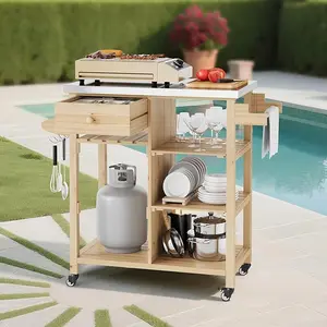 Outdoor Grill Cart, Solid Wood BBQ Cart Prep Table with Stainless Steel Top, Drawer, & Open Shelves, Portable Rolling Kitchen Island for Patio, Garden