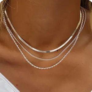 3Pcs Women’s Gold & Silver Layered Necklace Set, Thick Dazzling Gold Plated & Silver Herringbone Chain, Stackable Fashion Jewelry Gift for Ladies