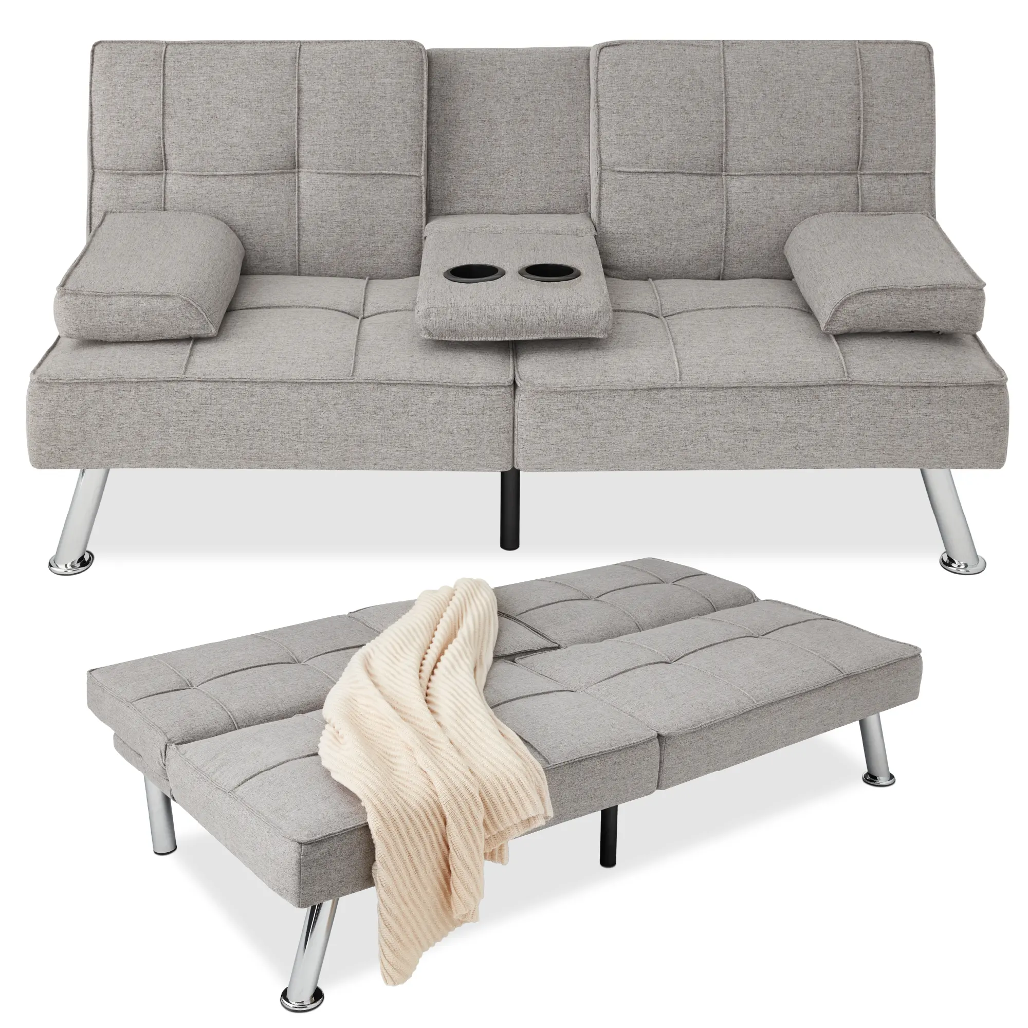 Best Choice Products Modern Linen Convertible Futon Sofa Bed w/ Removable Armrests, Metal Legs, Cupholders Best Choice Products Modern Linen Convertible Futon Sofa Bed w/ Removable Armrests, Metal Legs, Cupholders