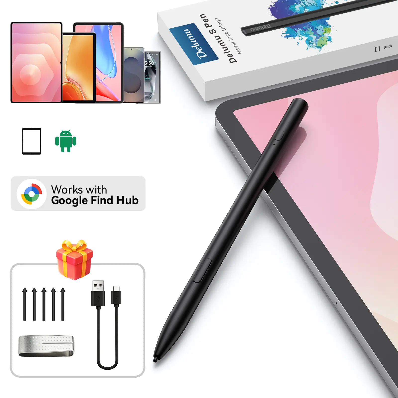 DELUMU Geo Digital Stylus Pen Google Find Hub Compatible, 4096 Pressure EMR Pencil with Anti-Loss Device, Palm Rejection, Tilt Sensitivity, Shortcut Keys & Eraser for Samsung Galaxy Tab, Wacom & Android Tablets(No Wireless Charging),5 Replaceable Nibs, Ac